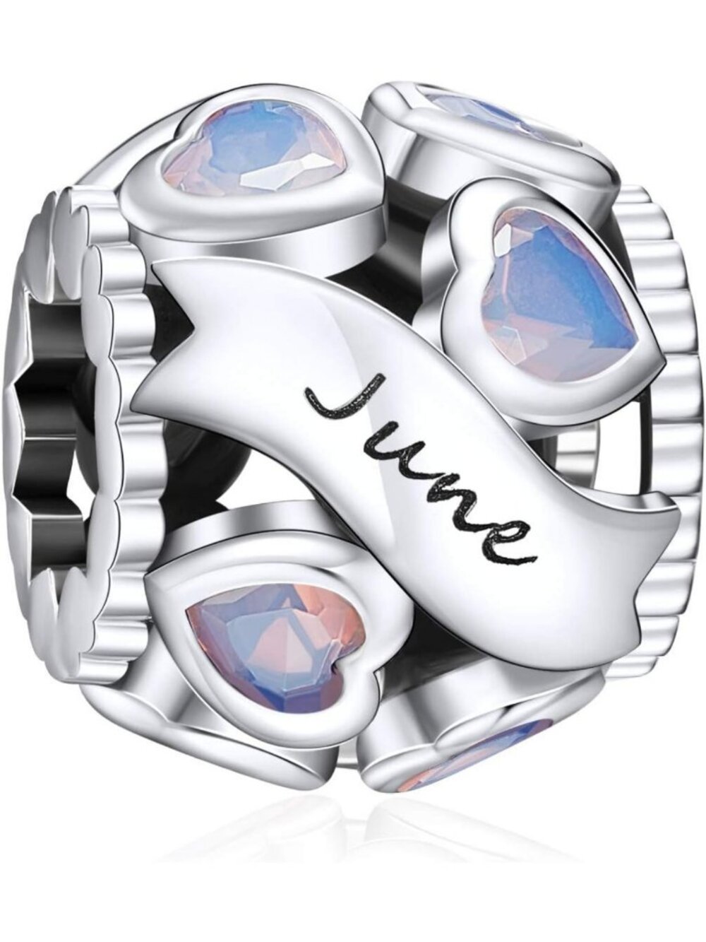 June Birthstone Heart Charm Bead - 925 Sterling Silver with Cubic Zirconia for